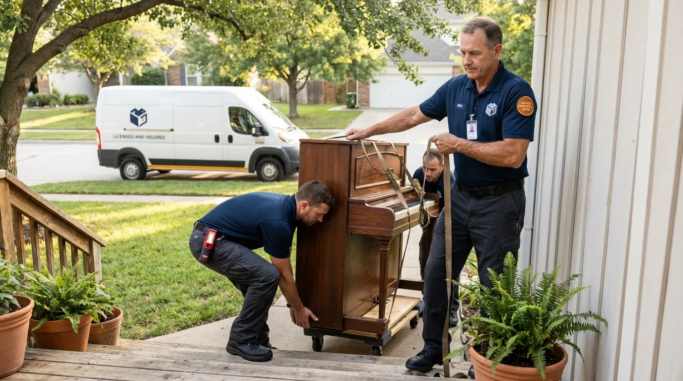 Licensed piano movers securing grand piano in Oriskany, NY