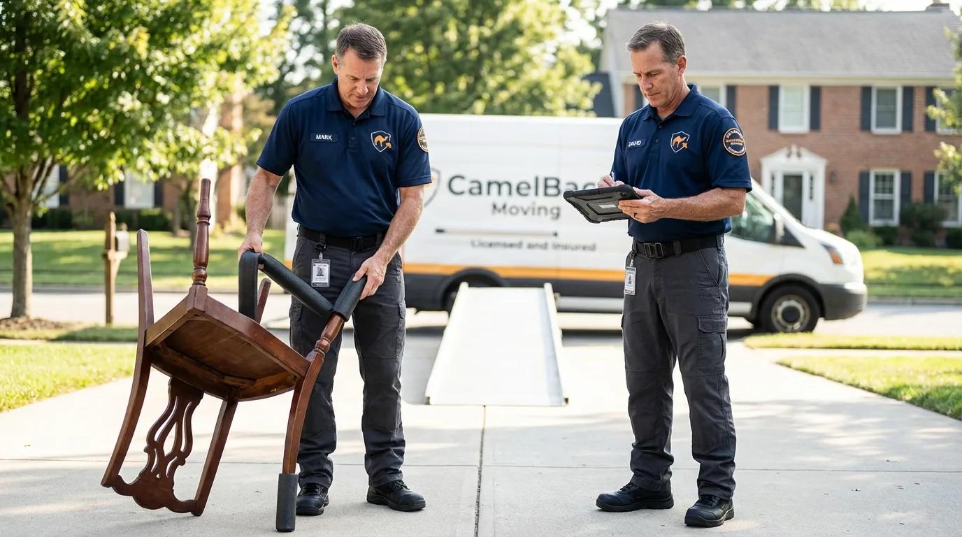 Movers inspecting furniture for damage prevention before loading in Oriskany, NY