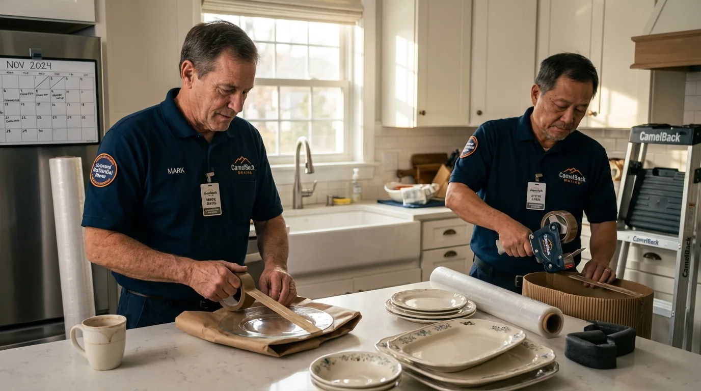 Professional crew packing kitchen dishware in Oriskany, NY